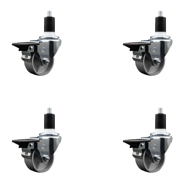 3'' Semi Steel Swivel 1-1/2'' Expanding Stem Caster Set with Brake, 4PK
